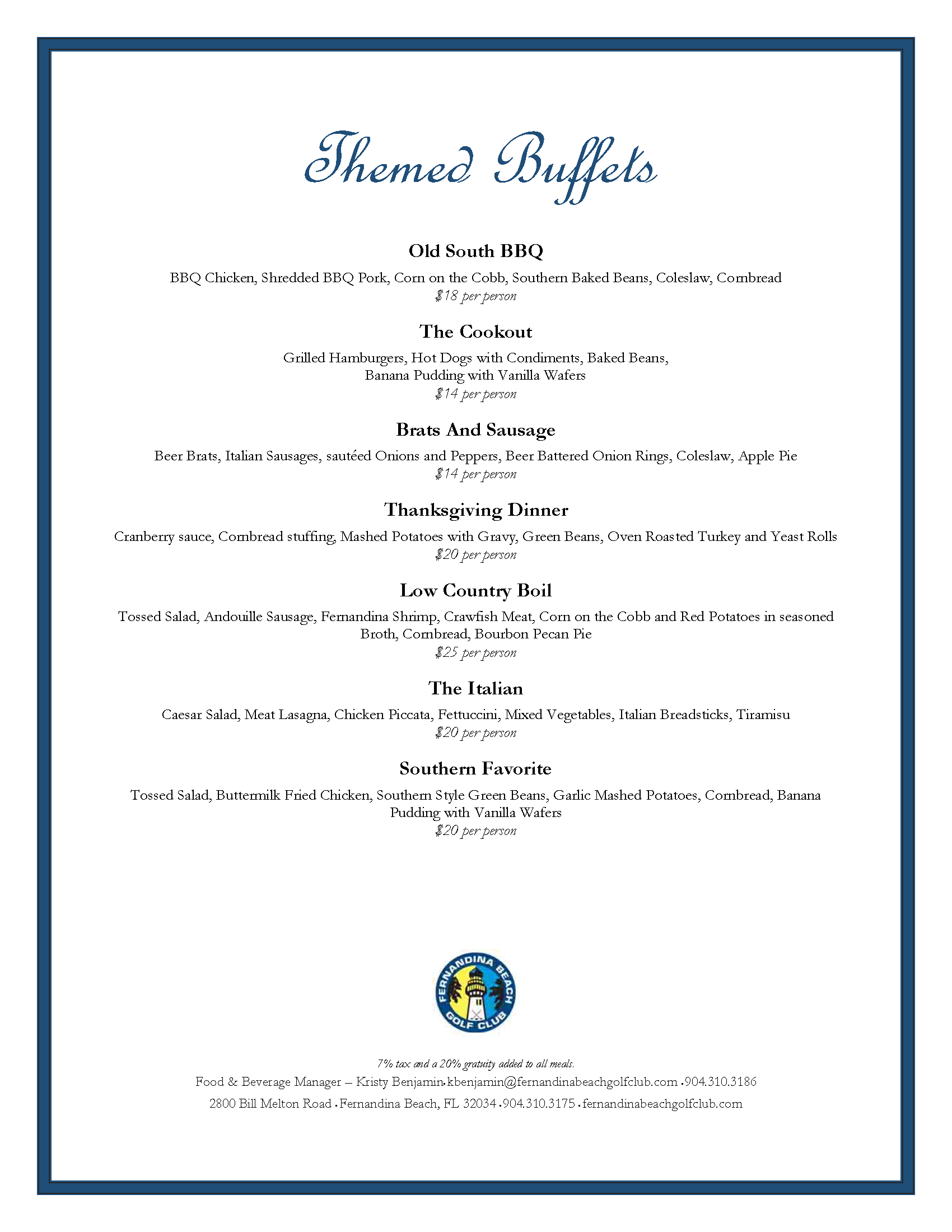 Banquet Menu Fernandina Beach Golf Course